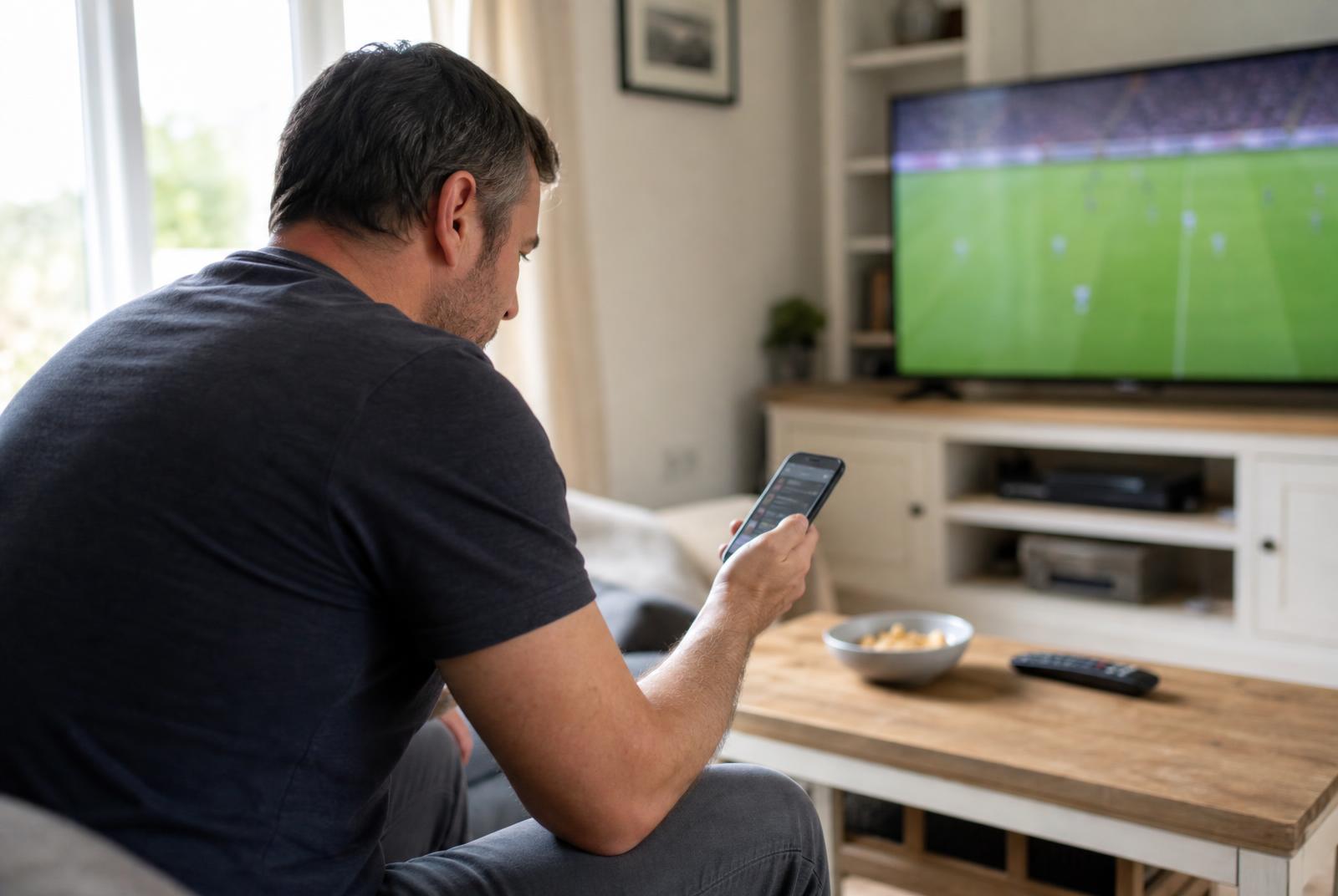 En man sitter i soffan och tittar på en fotbollsmatch på tv samtidigt som han håller mobilen i handen.